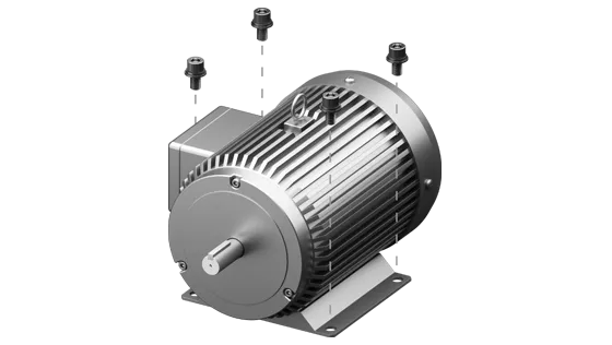 Diagonal View of Foot-Mounted Three-Phase Electric Motor with Cooling Fins and Output Shaft