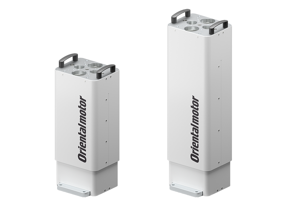 Product photo of two white electric lifting columns of different sizes side by side