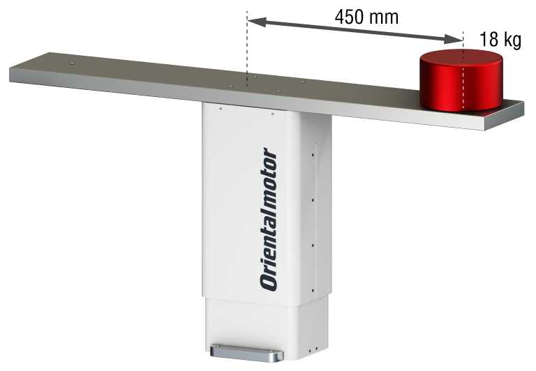 Example of the payload capacity of an electric lifting column - 18 kg red cylindrical load at the end of a 450 mm length arm attached to a white electric lifting unit with the Oriental Motor logo