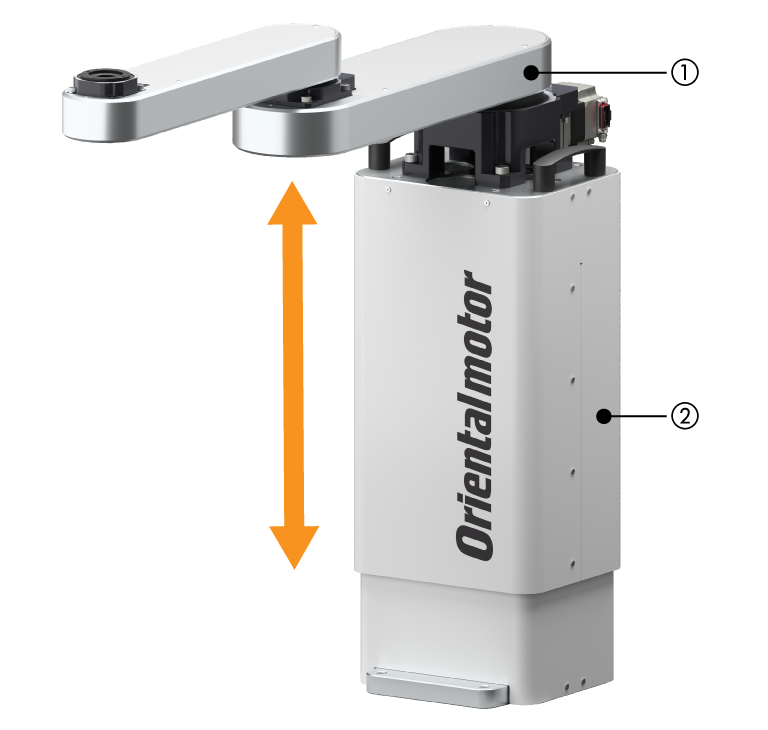 The OVR robot mounted on an electric lifting column EL Series. External view with orange arrows indicating vertical operating range