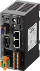 Back panel of industrial control equipment. It is equipped with multiple communication ports (Ethernet, USB, serial) and terminal blocks.