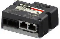 Compact industrial communication module. The enclosure is labeled with two Ethernet ports.