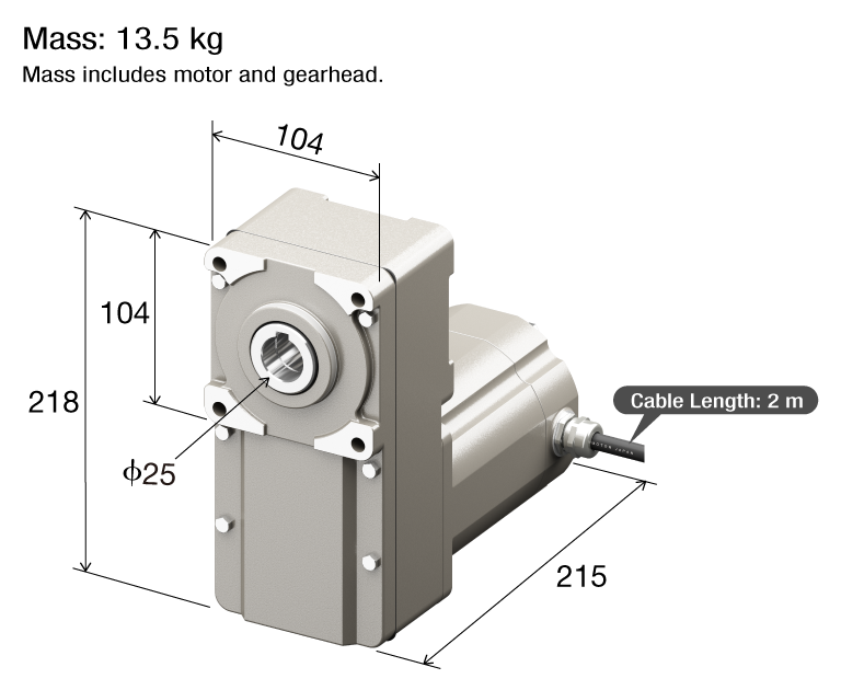 Motor dimensions (218 x 104 x 215 mm, ϕ25 mm shaft, 13.5 kg, cable 2 m), mass including motor and gearhead.