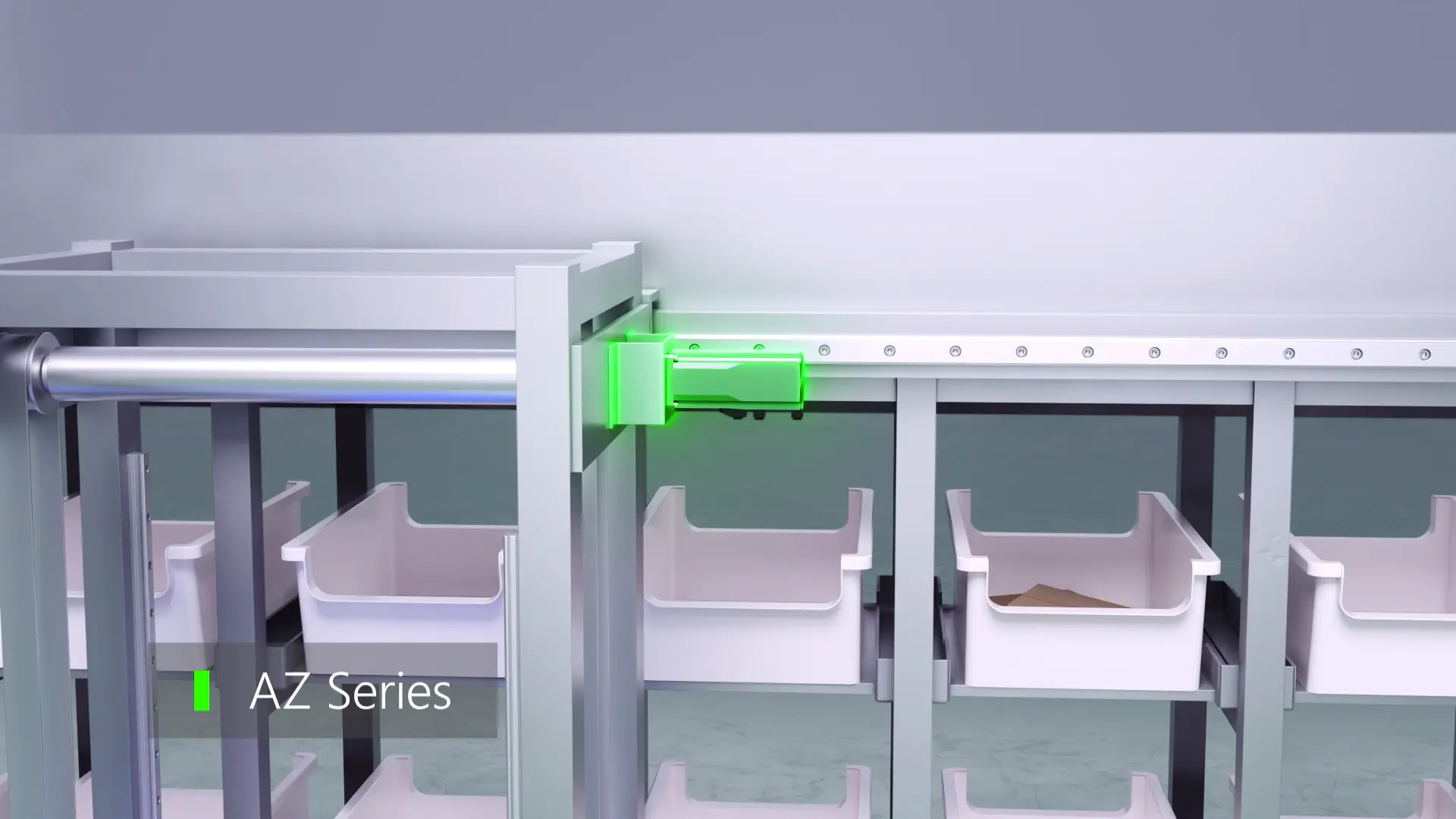 Green electromagnetic brake motor to prevent falling; white storage box in alignment