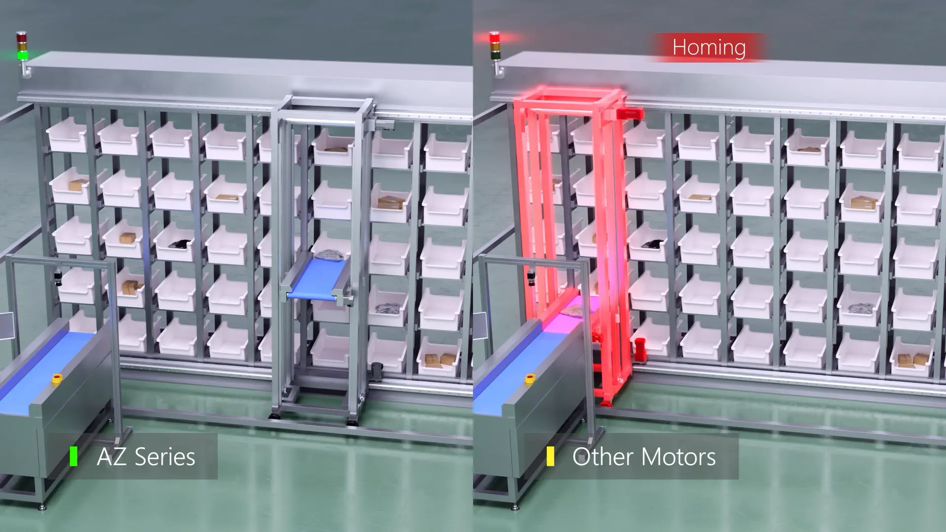 The left side is the AZ Series with a green light, and the right side is another manufacturer's motor with a red 