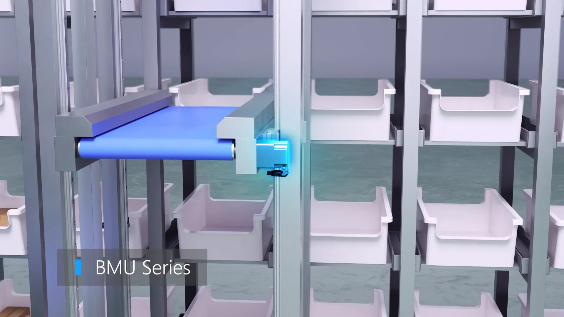 Picking robot with blue lights operating in a multi-level white storage box warehouse