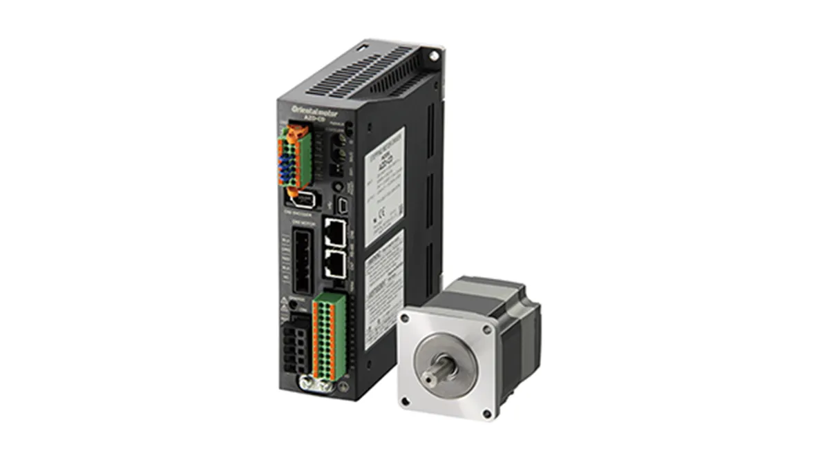 High-precision position control device combining a servo driver with orange terminal block, Ethernet port, and various connection terminals in a black case and a servo motor with silver flange