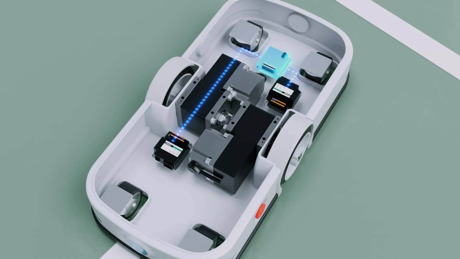 Cross section of the drive system including motor with blue LED lights, control board, and battery inside a white body 