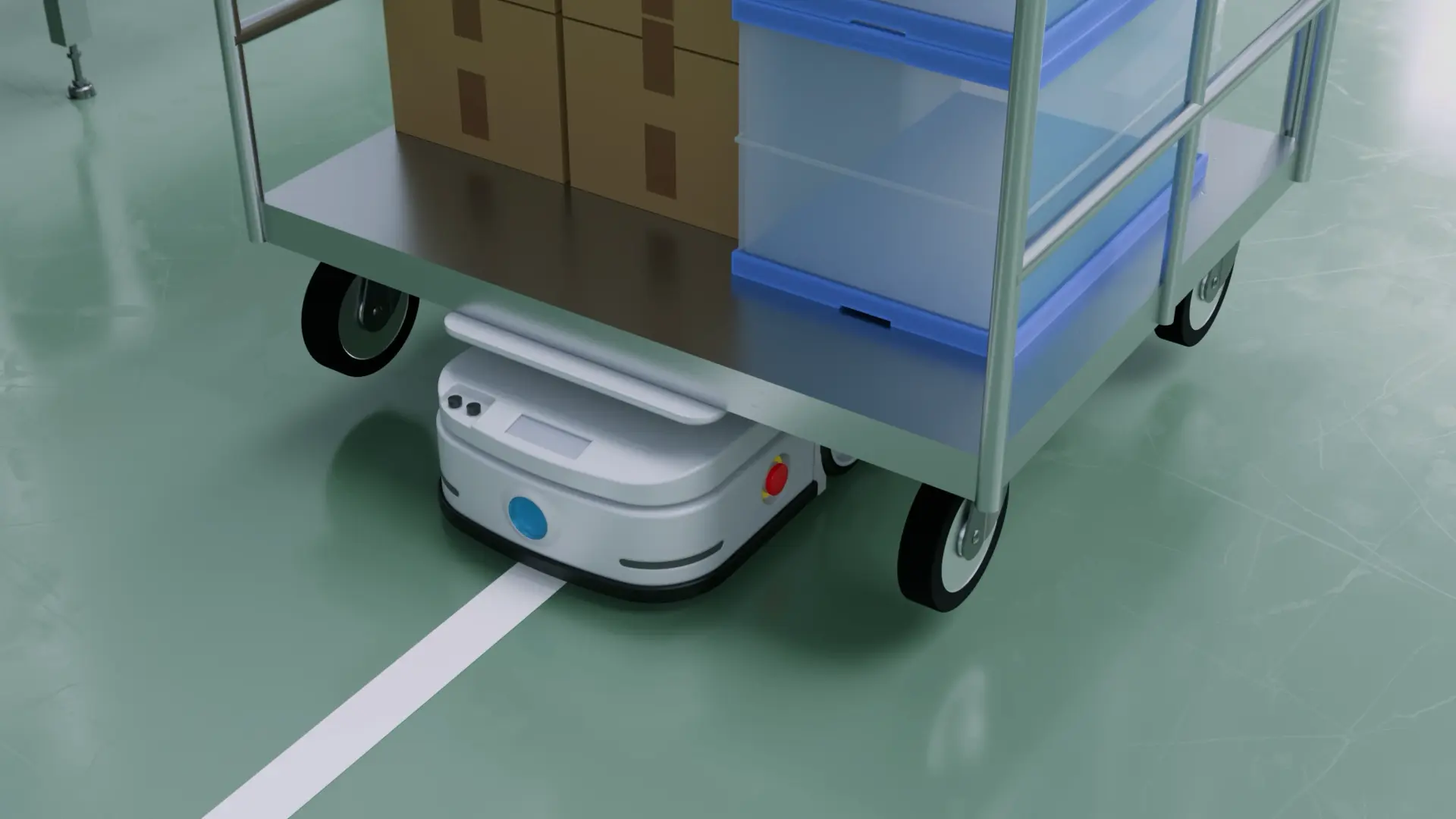 White small robot towing a cart with blue containers and cardboard boxes, moving along white guidelines on the floor 
