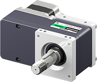 Left: Square stepper motor with silver flange; Right: Black stepper driver with orange terminal block and various connection ports; industrial precision positioning system 
