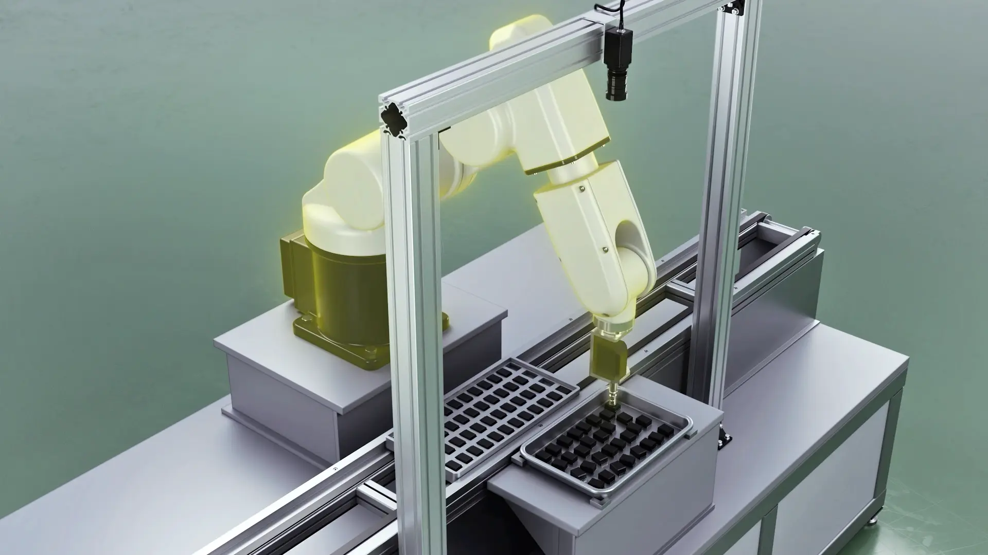 A 6-axis articulated robot with a yellow-green accent color in a white base performing precision work on a gray conveyor