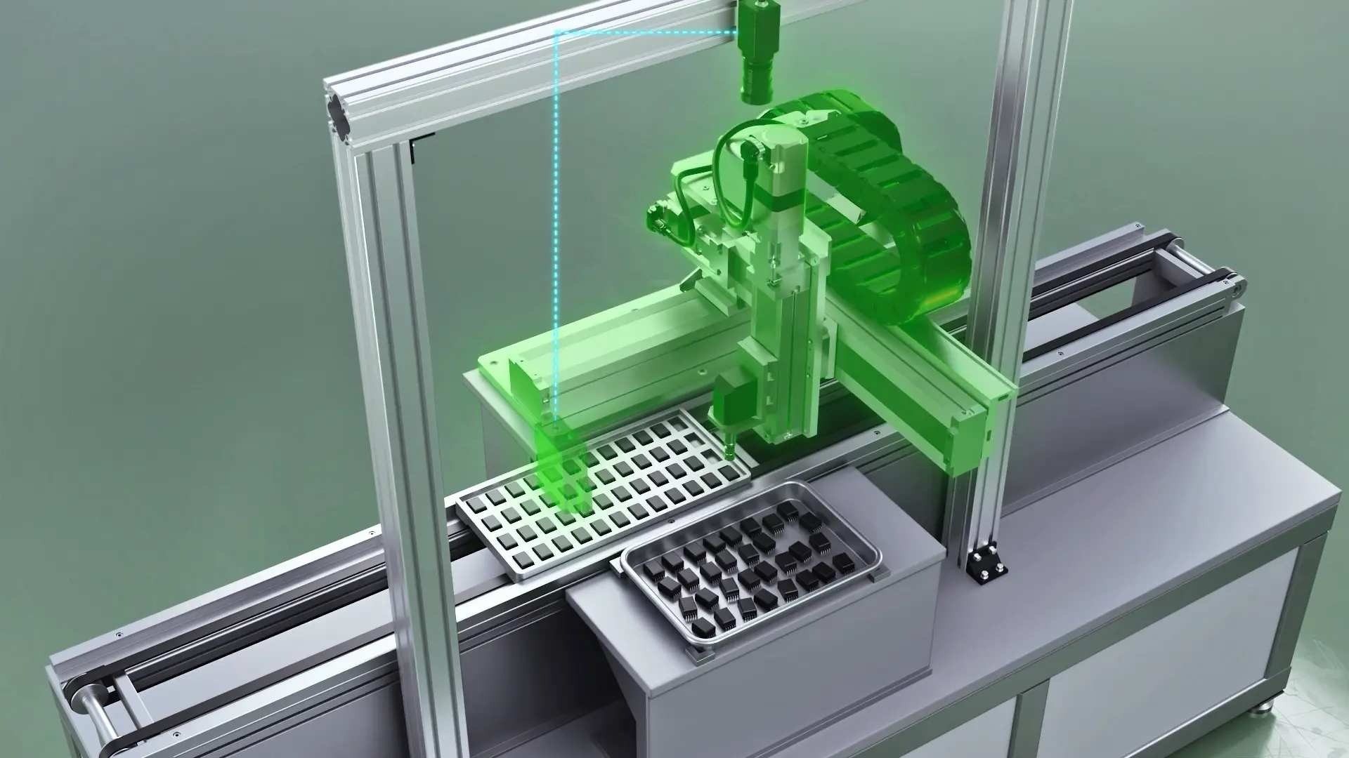 Automated system with a green 6-axis robot arm picking up black parts on a conveyor belt and performing precise positioning operations.