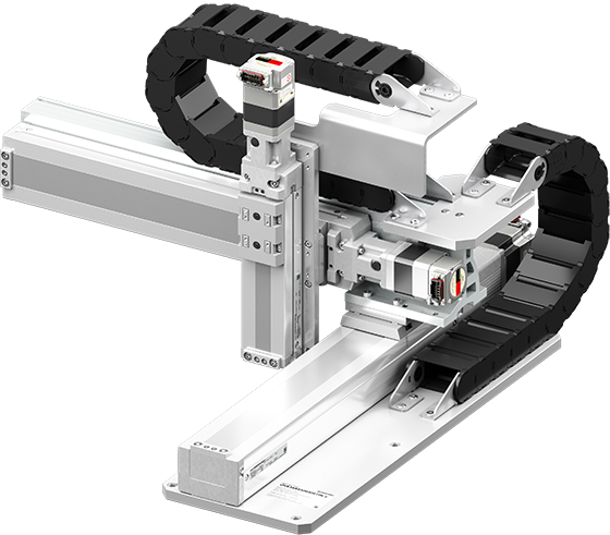 Precision positioning robot combining a white aluminum frame structure with X-, Y-, and Z-axis linear actuators and black cable bearers, and compact industrial automation equipment