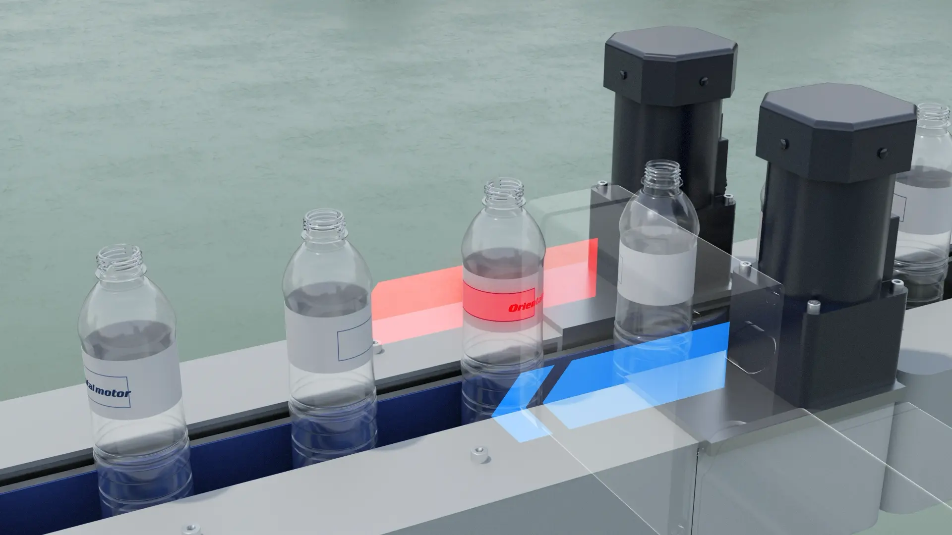 Industrial automation equipment for precision labeling of transparent bottles on conveyors using a red laser guide, equipped with black sensor head and blue lighting 