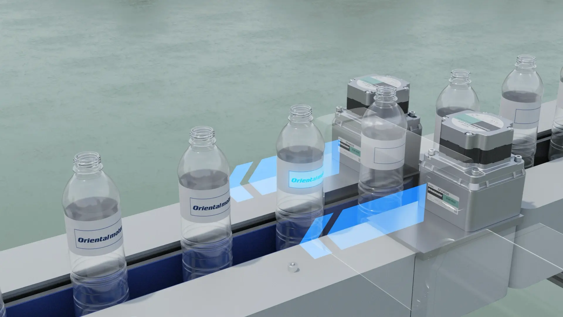 High-precision automatic labeling equipment using a cyan blue laser guide for simultaneous application of multiple labels on bottles, equipped with gray control module 