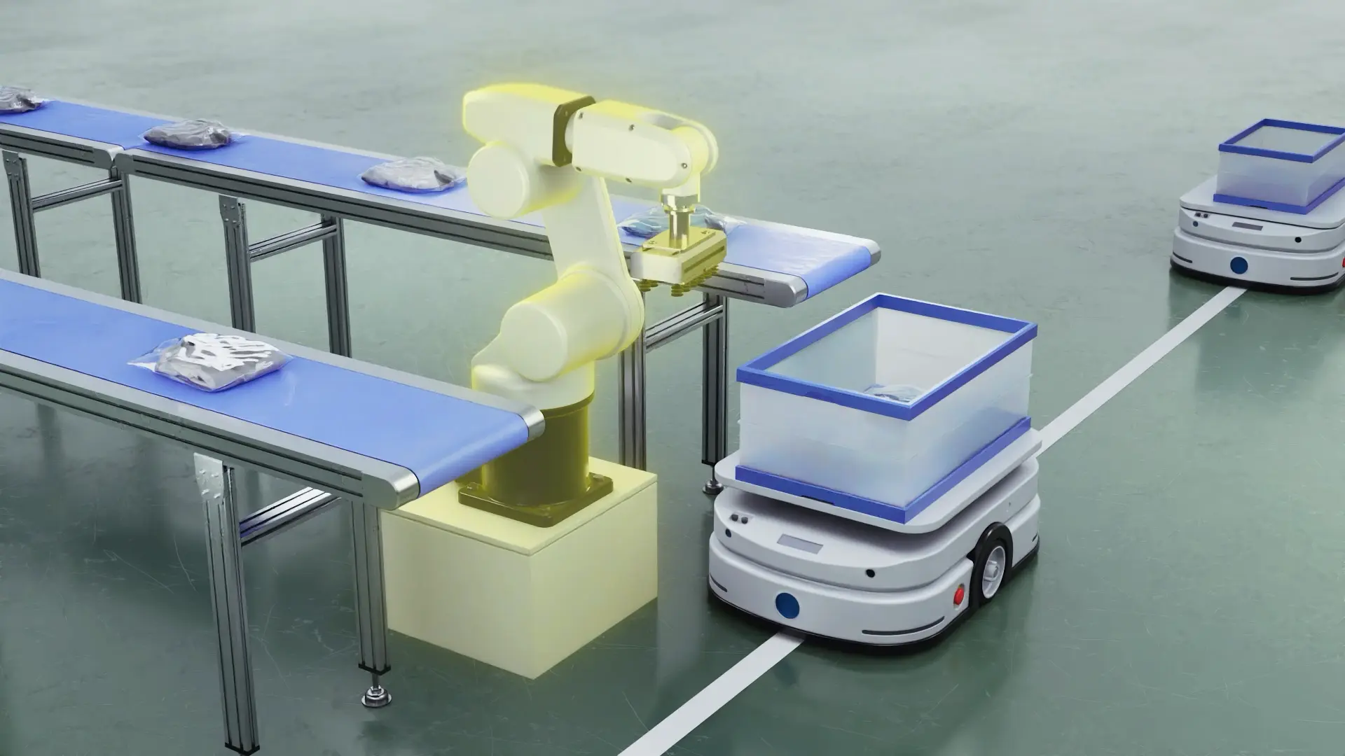 A collaborative robot system in which a yellow-glowing, 6-axis robot arm picks and places products on a blue belt conveyor, while a white AGV carries blue containers and moves along a white guide line