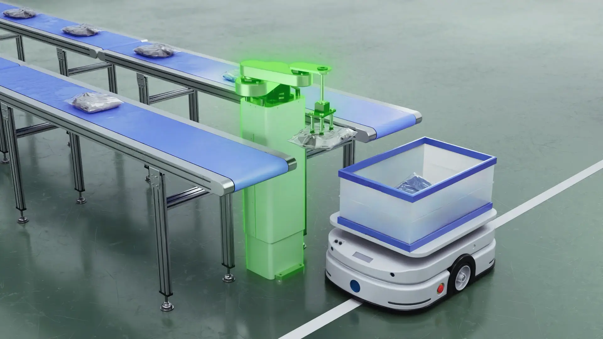 Automated manufacturing line with green-glowing SCARA robots performing product handling works on a blue conveyor and AGV transfer robots feeding parts into blue containers 