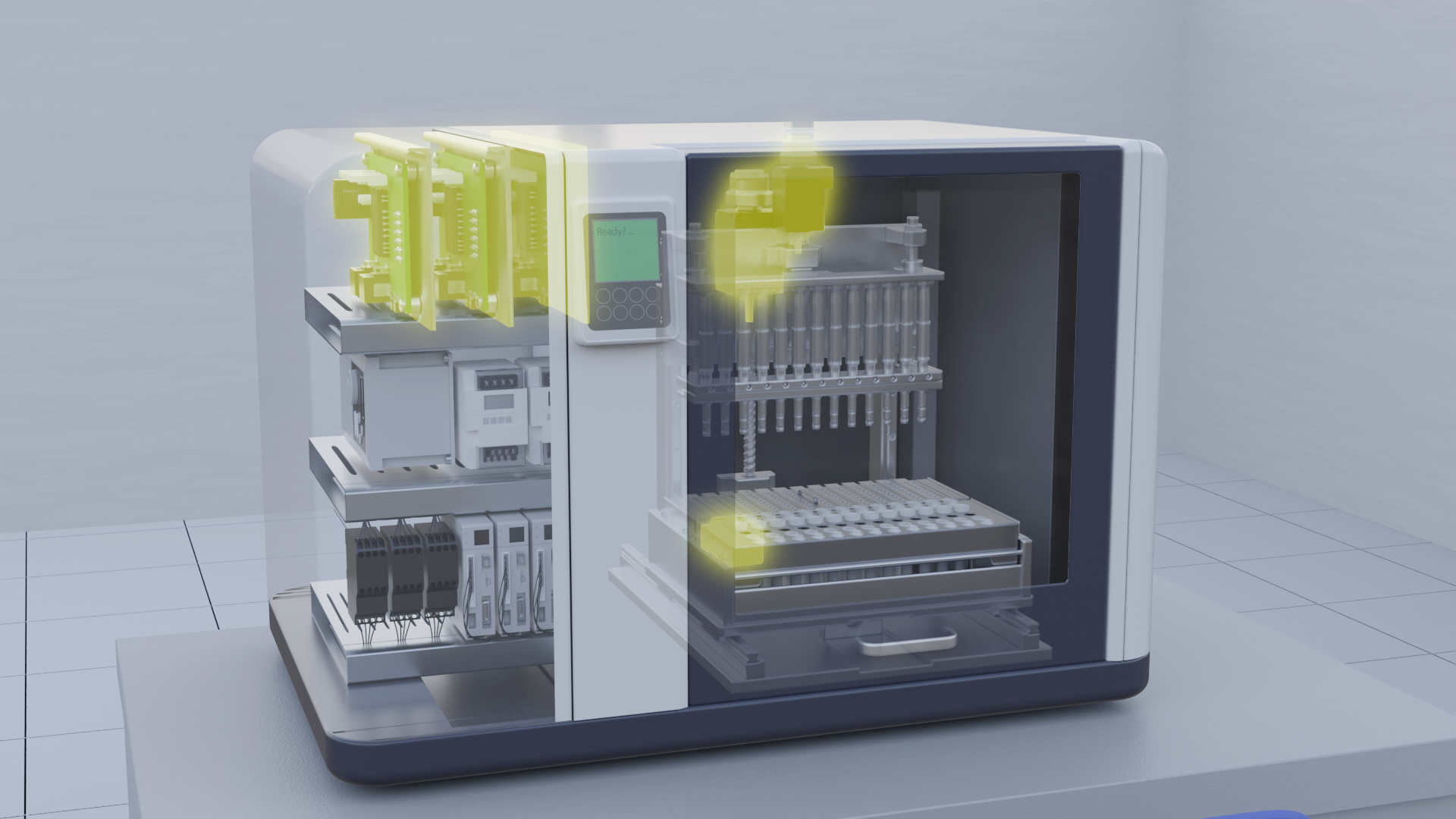 The figure shows the internal structure of the automatic inspection equipment. Multiple modules and pipette devices are mounted, with critical areas highlighted in yellow.