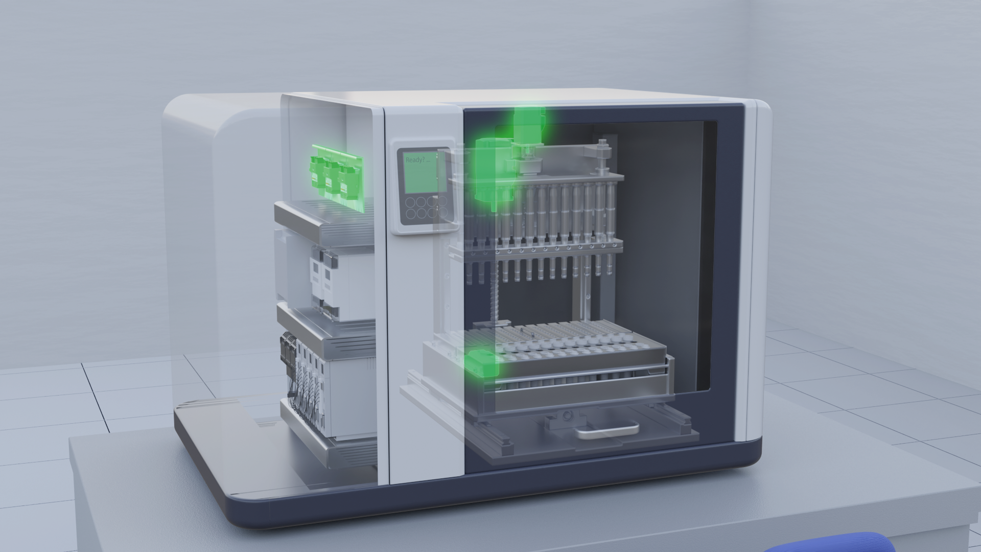 Structural diagram of automatic specimen processing equipment in which the size of the main body of the device has been greatly reduced due to the miniaturization of the driver. Major units are highlighted in green.