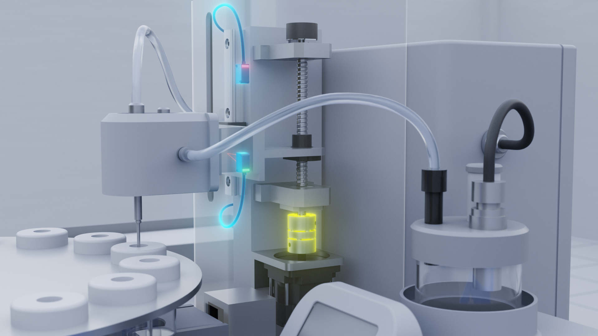 Operation example of an automatic inspection system equipped with specimen transfer and reaction units. Shows the specimens transferred from the sample disk is sent to the reaction process via linear actuators or lifting columns.