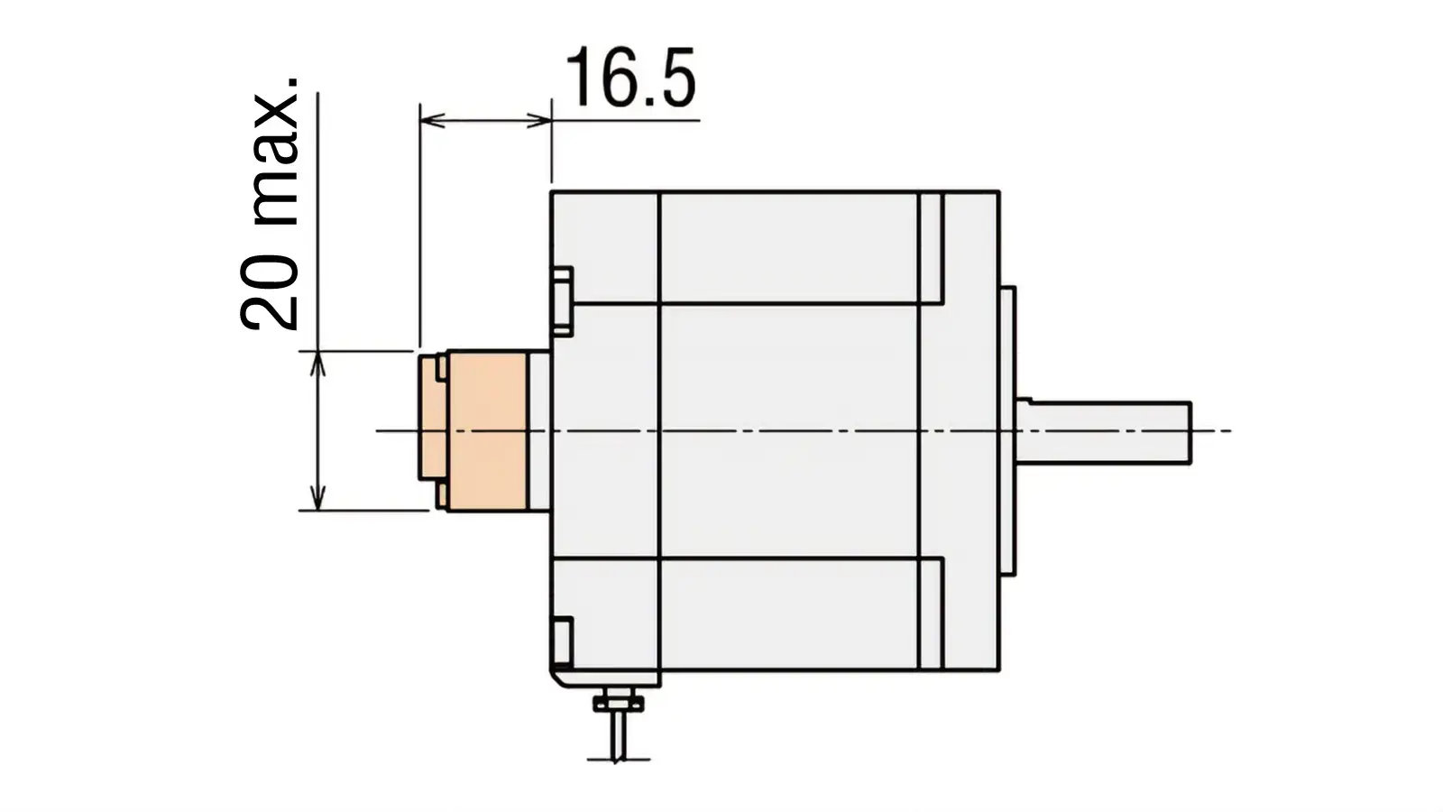 Dimensional drawing attached to the motor. Protrusion 16.5 mm, height 20 mm or less.