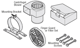 Centrifugal blower, finger guard or filter, mounting bracket, mounting screws